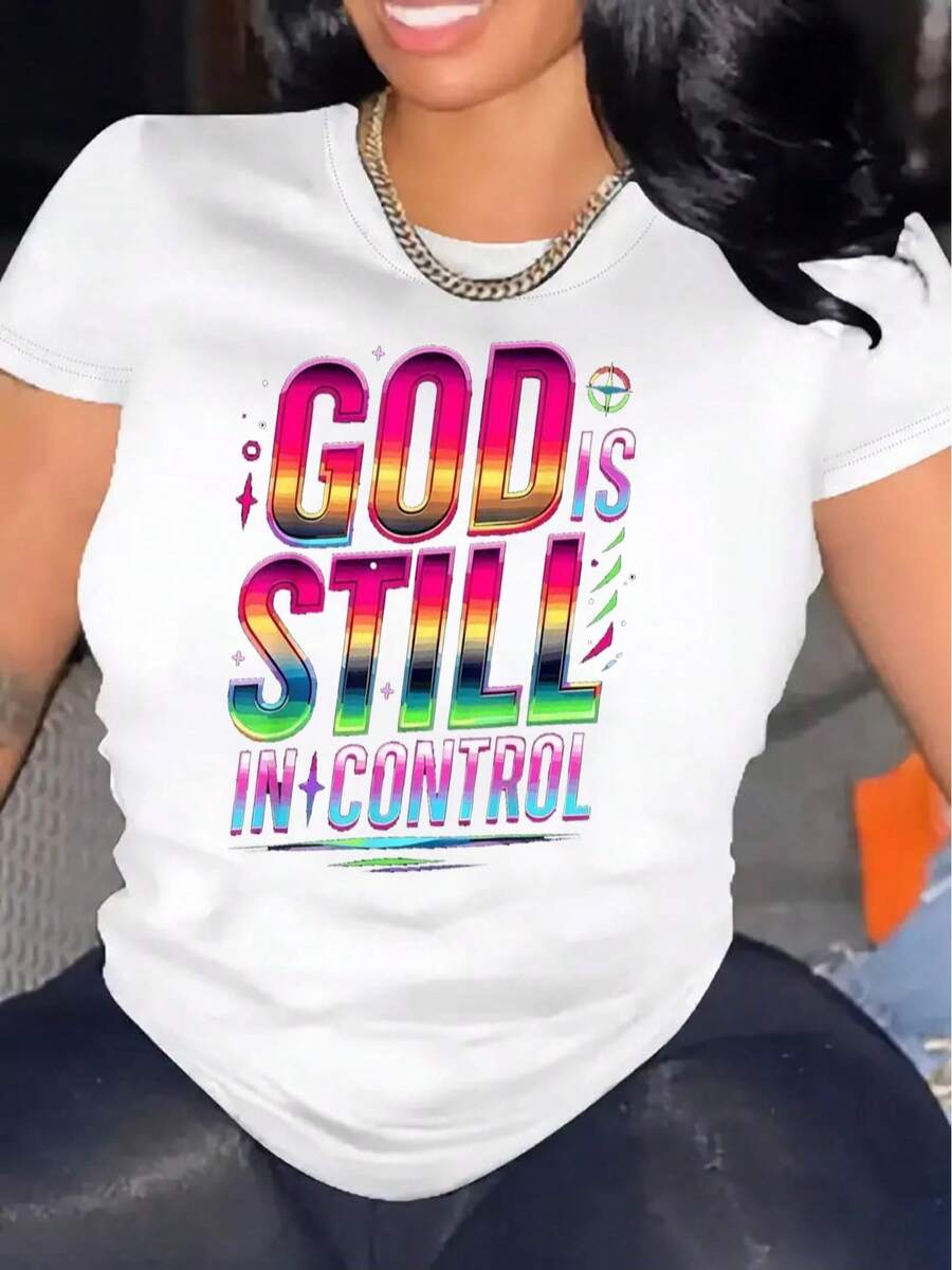 Women's Comfortable Round Neck Casual Cotton Blend Short Sleeve T-Shirt, Soft And Breathable, Spring/Summer Urban Style, Women's Blouses, Women's Summer Graphic T-Shirts, Printed Casual Shirt, Short Sleeve Round Neck, Spring/Summer Local Urban Fashion. - 白色 - 查看 1