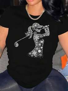 Women's Casual Short Sleeve T-Shirt - Artistic Snowflake And Golfer Print, Breathable Crew Neck Top For Summer Sports And Leisure, Machine Washable, Medium Stretch Fabric, Opaque Material. Women's Summer Graphic T-Shirts - Women's Casual Printed T-Shirt, Short Sleeve And Crew Neck, Spring/Summer Local Urban Fashion. - 黑色 - 查看 8