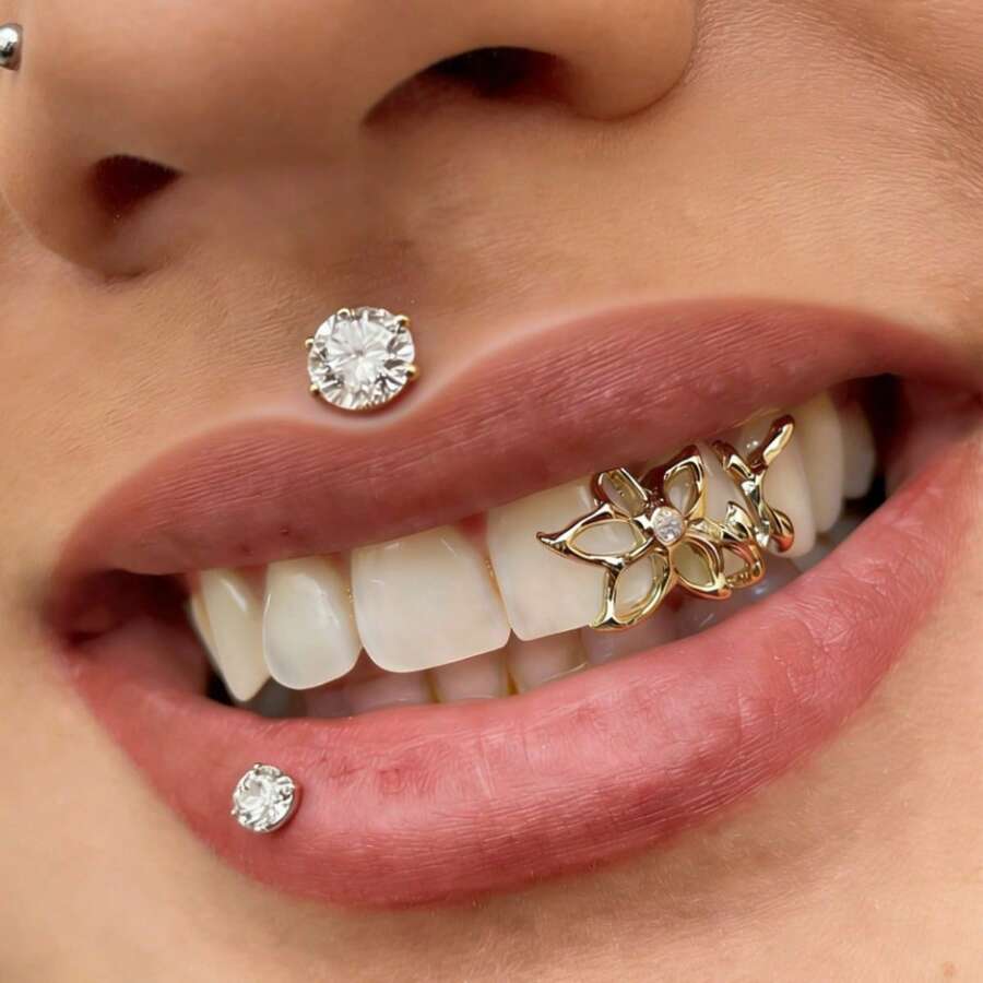 奢华 CZ 钻石花朵造型嘻哈风金银牙套,男女皆宜,可定制牙科饰品 - 銀色/金色 - 查看 1