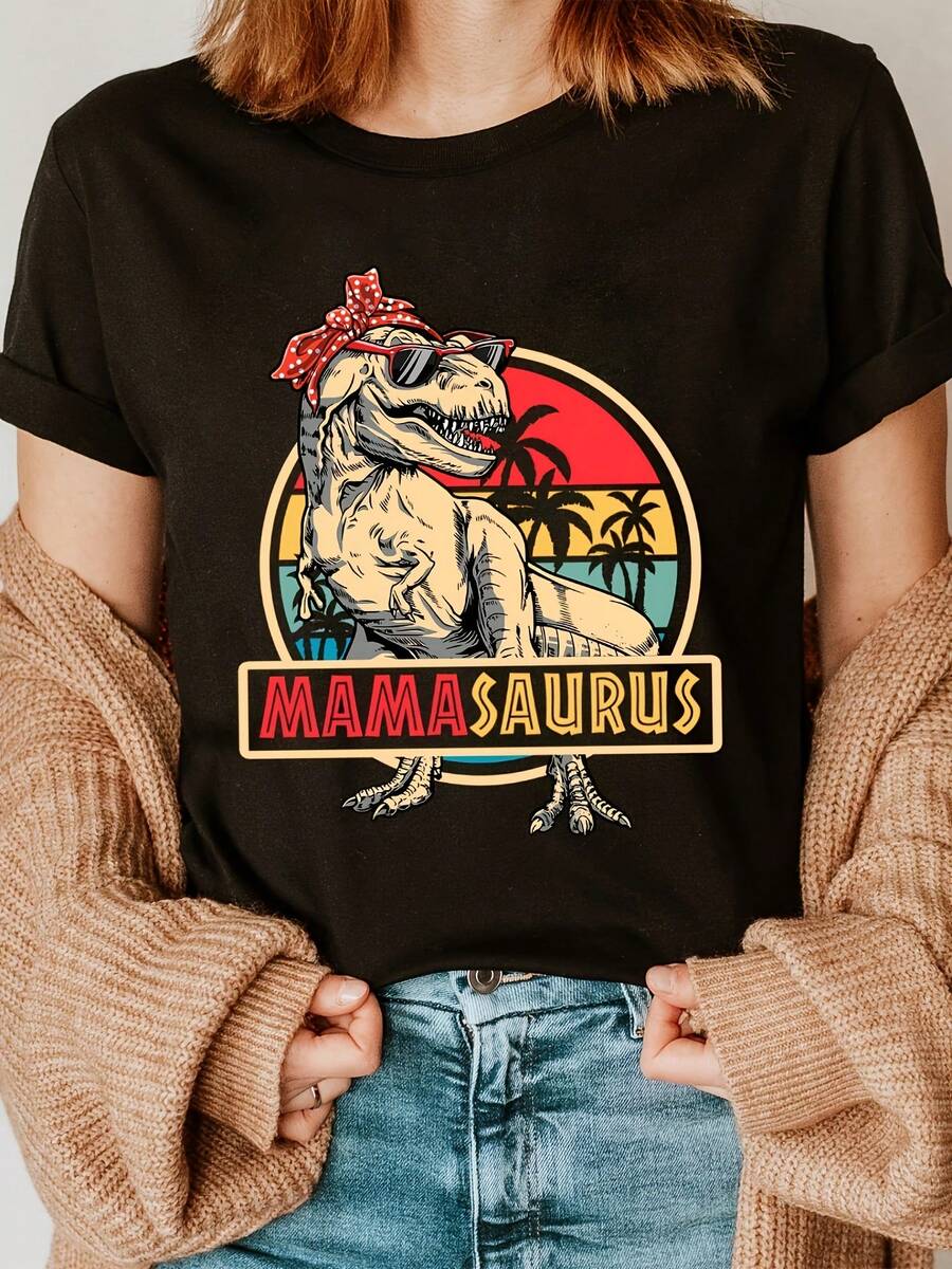 MamaSaurus Women's Graphic T-Shirt - Casual Crew Neck, Short Sleeve, Spring Summer Top With Dinosaur And Glasses Design, Light Brown Cardigan And Blue Jeans, Lightweight Fun Casual Clothing For Women - 黑色 - 查看 1