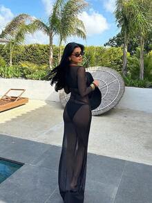 Vestido de manga larga con hombros descubiertos, de malla transparente y ajustado al Body, elegante para el verano - Negro - Ver 2