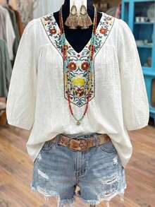 Linhara Blusa casual holgada y versátil con mangas cortas y bordado para mujer - Blanco - Ver 4