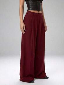 Pantalones casuales y versátiles de cintura alta con pierna ancha de unicolor - Burdeos - Ver 5