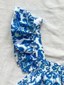 Camisa de mujer de manga corta para vacaciones de primavera/verano, de tela texturizada, adecuada para festival de música, estilo bohemio, citas de vacaciones, tarde de té - Azul y blanco 2 - Ver 5