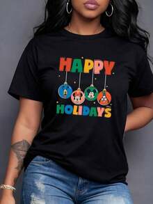 Figuras festivas colgando como esferas coloridas que expresan alegría y espíritu navideño con letras grandes que forman la frase Happy Holidays camiseta para mujer cómoda de manga corta perfecta para celebrar con energía positiva,Camiseta de mujer elegante. - Negro - Ver 7