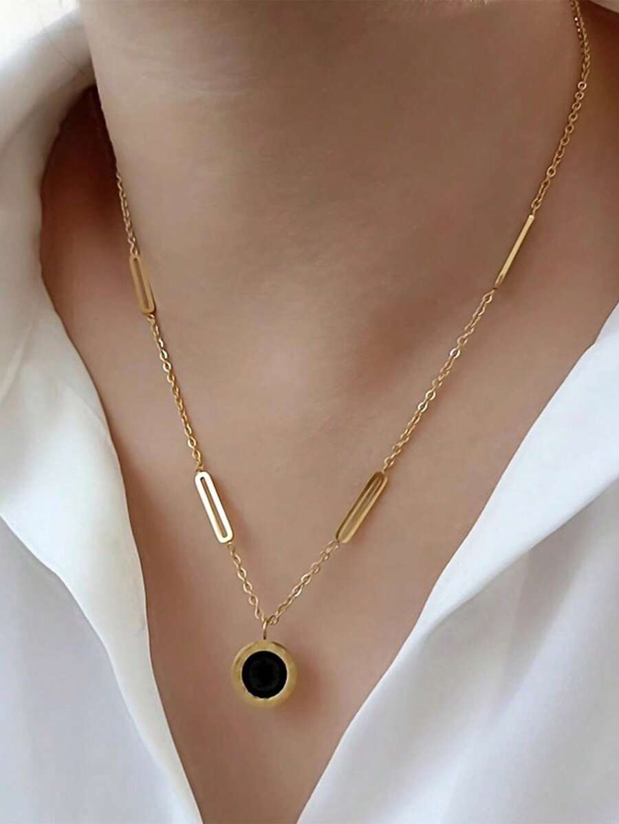 VJS 1 chiếc dây chuyền mặt dây chuyền số La Mã hai mặt bằng thép không gỉ mạ vàng, phong cách tối giản, thích hợp đeo hàng ngày cho nữ. - Nhiều màu - Xem 1