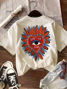 Limited Edition [Double-Sided Print] Women's Summer Casual T-Shirt, Bohemian Style With Heart, Eye And Petal Print, Round Neck, Short Sleeve, Lightweight Cotton - 杏色 - 查看 2