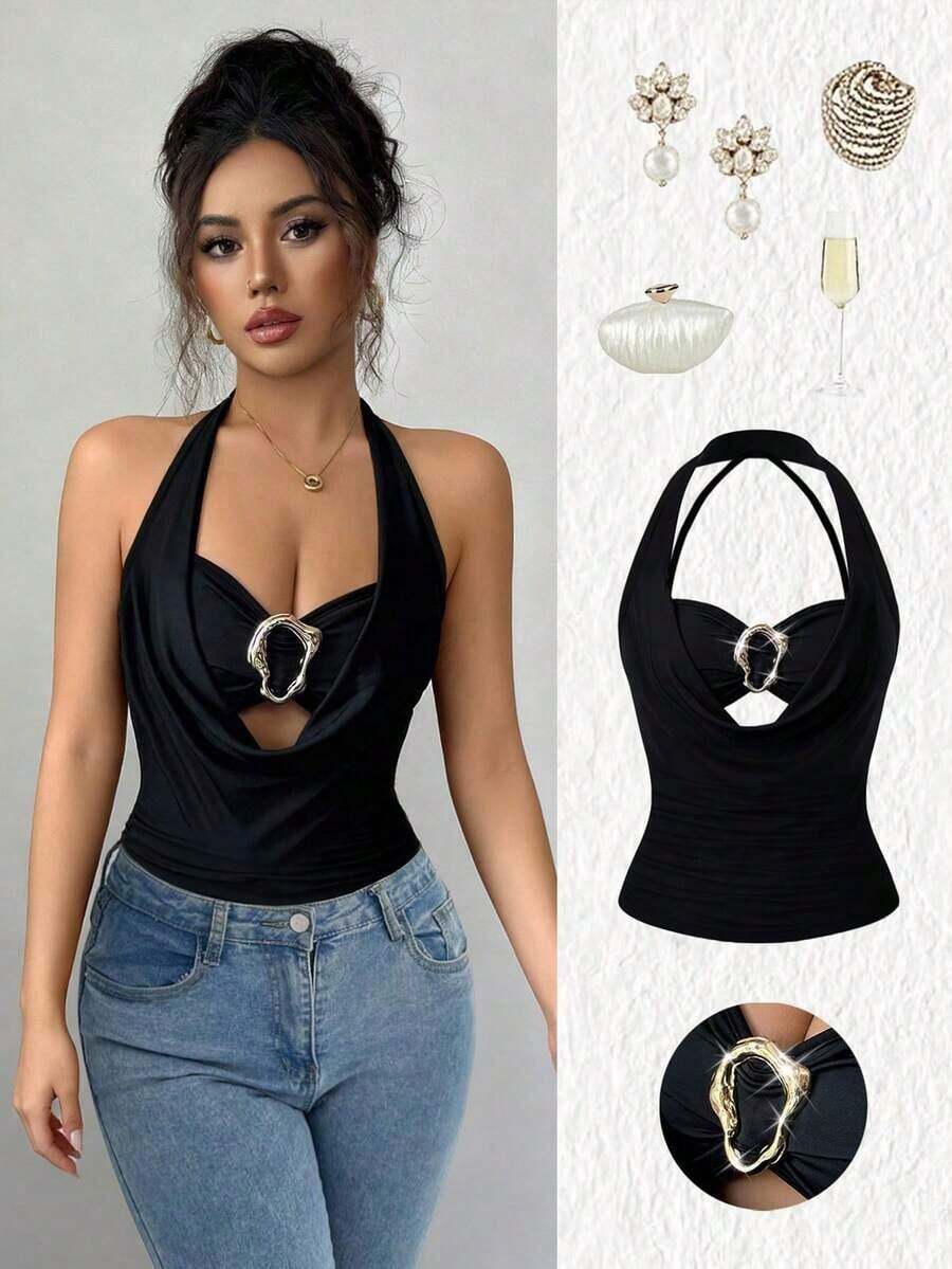 Camiseta de tirantes ajustada con cuello drapeado elegante de color negro, diseño fruncido y decoración metálica, para primavera/verano - Negro - Ver 1
