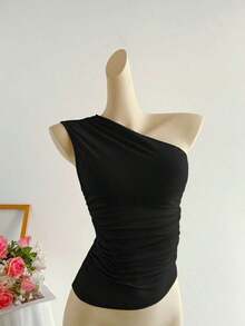 Blusa corta de un hombro con pliegues color albaricoque, minimalista, casual, elegante y versátil para uso diario de mujer, primavera/verano - Negro - Ver 1