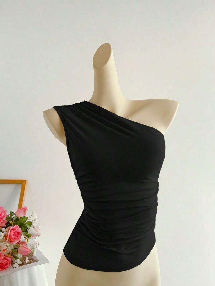 Blusa corta de un hombro con pliegues color albaricoque, minimalista, casual, elegante y versátil para uso diario de mujer, primavera/verano - Negro - Ver 1