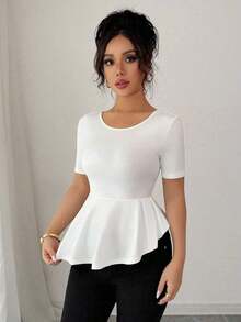 Elegante blusa de punto jacquard con lunares, lazo en la espalda, cintura ceñida y bajo asimétrico - Blanco - Ver 3