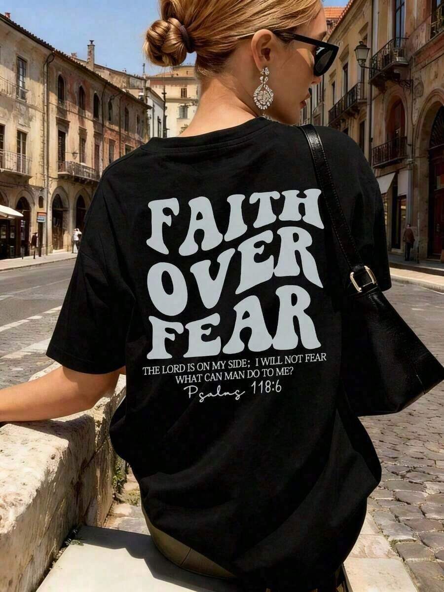 1 Piece Of Women's Short-Sleeve Crew Neck Graphic Tee - "FAITH OVER FEAR" With Bold Back Print Featuring Psalm 118:6, Christian Faith Aesthetic, Casual Everyday Top, 180g 100% Cotton, Designs Are Fully Printed. Unisex. - 黑色 - 查看 1