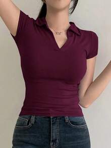Camiseta polo de manga corta de ajuste ceñido de unicolor para mujer, casual de verano, casual de negocios, tops estilo universitario para mujer - Burdeos - Ver 4