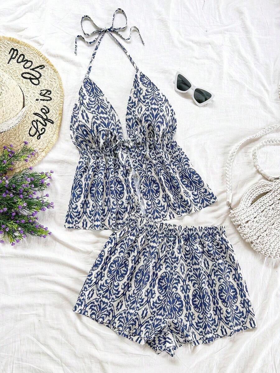 Conjunto de 2 piezas de vacaciones para mujer, top de tirantes con escote en V con textura rojo y shorts sueltos extremadamente cortos, adecuado para citas, fiestas y paseos por la ciudad - Azul y blanco 3 - Ver 1