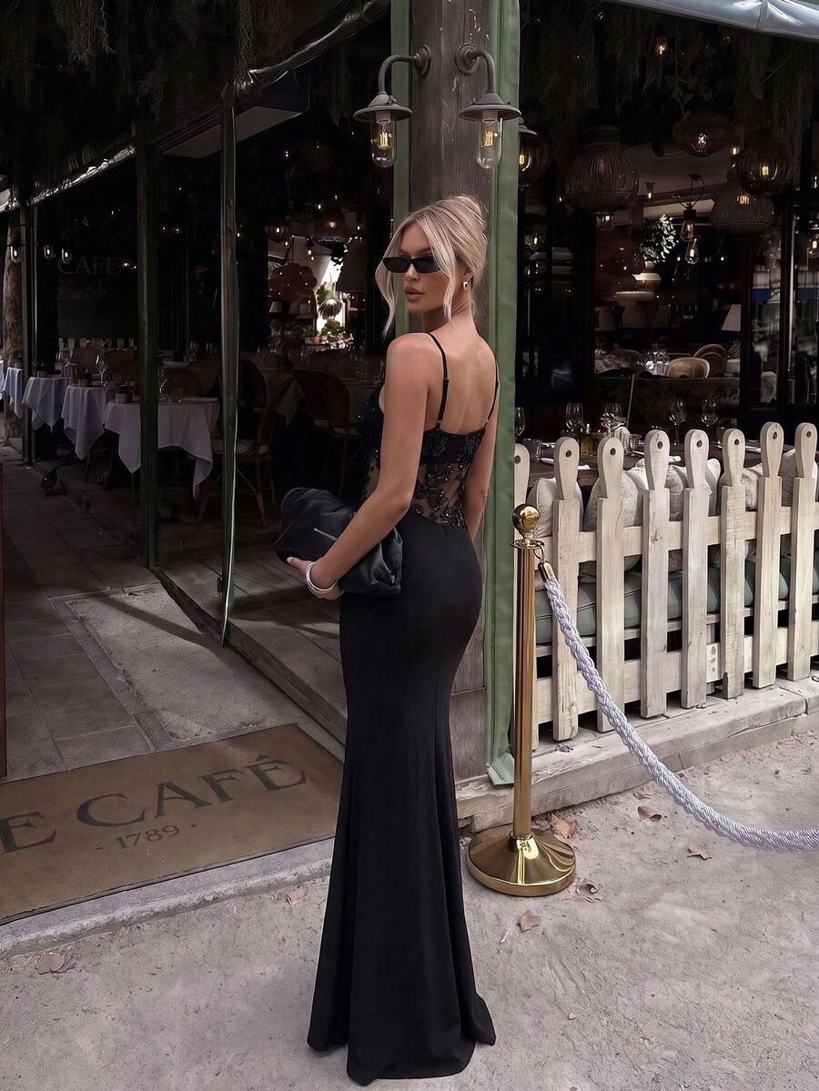 Women's Sequin Mesh Patchwork Spaghetti Strap Party Dress, Suitable For Evening Date, Birthday, Graduation Party Wedding Black - Black - View 1
