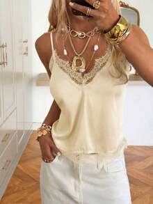 Camiseta de tirantes de mujer de verano, de unicolor con parches de encaje - Amarillo claro - Ver 5