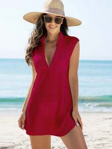 Swim Vcay Cubierta sólida de color para mujer con escote en V profundo para bodas - Burdeos - Ver 1