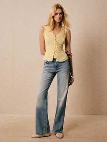 Camiseta sin espalda con escote en V, encaje y parches con estampado floral pequeño, estilo casual de verano y vacaciones - Amarillo - Ver 9