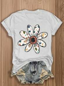 Camiseta casual de manga corta con cuello redondo y estampado floral para fiestas y uso diario, talla grande - Paquete de una pieza blanca - 1 - Ver 7