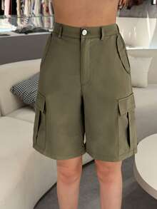 Bermudas cargo de verano con cintura elástica, bolsillo con solapa, pierna ancha, sueltas y de moda, estilo casual Y2K - Verde militar - Ver 5
