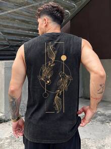 FRACTYR 男士夏季休闲街头风水洗复古阴阳锦鲤印花无袖背心，美式街头风宽松版型，新款中国风圆领无袖休闲背心，触感柔软 - 黑色 - 查看 2