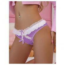 Women's Satin Bow Panty Lace Trim Low Rise Cute Bikini Underwear Silky Panty Brief - 紫色 - 查看 5
