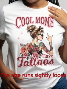 Women's Graphic Tee With A Sarcastic "Tattooed Mom" Print - "COOL MOMS" Design, Crew Neck, Casual Style. | Lightweight Spring/Summer Styles Suitable For All Body Types, Perfect For Everyday Wear And Tattoo-Themed Looks. Cotton Tee. - 白色 - 查看 1