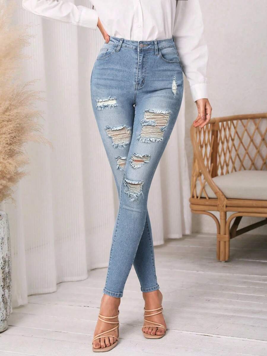ALO FASHION Pantalones vaqueros ajustados largos de mezclilla lavada y desgastada para mujer, diseño elástico y rasgado, estilo casual y elegante. - azul real - Ver 1