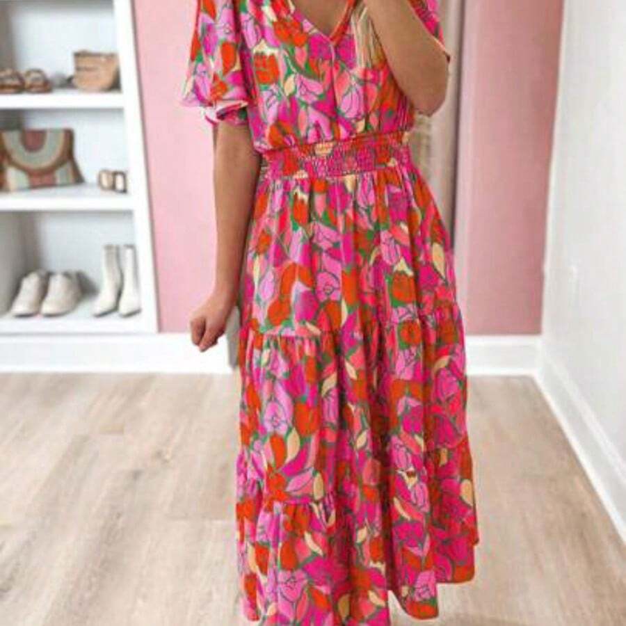 Bohemian Style Rose Print Short Sleeve Low Waist Dress Pink Vacation Summer Elegant - Rosa - Ver 1