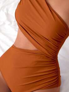 Swim 1 pieza Traje de baño de una pieza para mujer con diseño calado y fruncido en color liso - Bronce - Ver 8