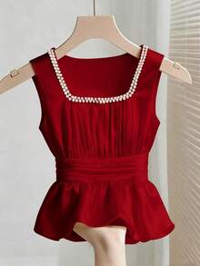 Blusa ajustada sin mangas con cuello y detalles de perlas falsas para mujer - Rojo - Ver 1