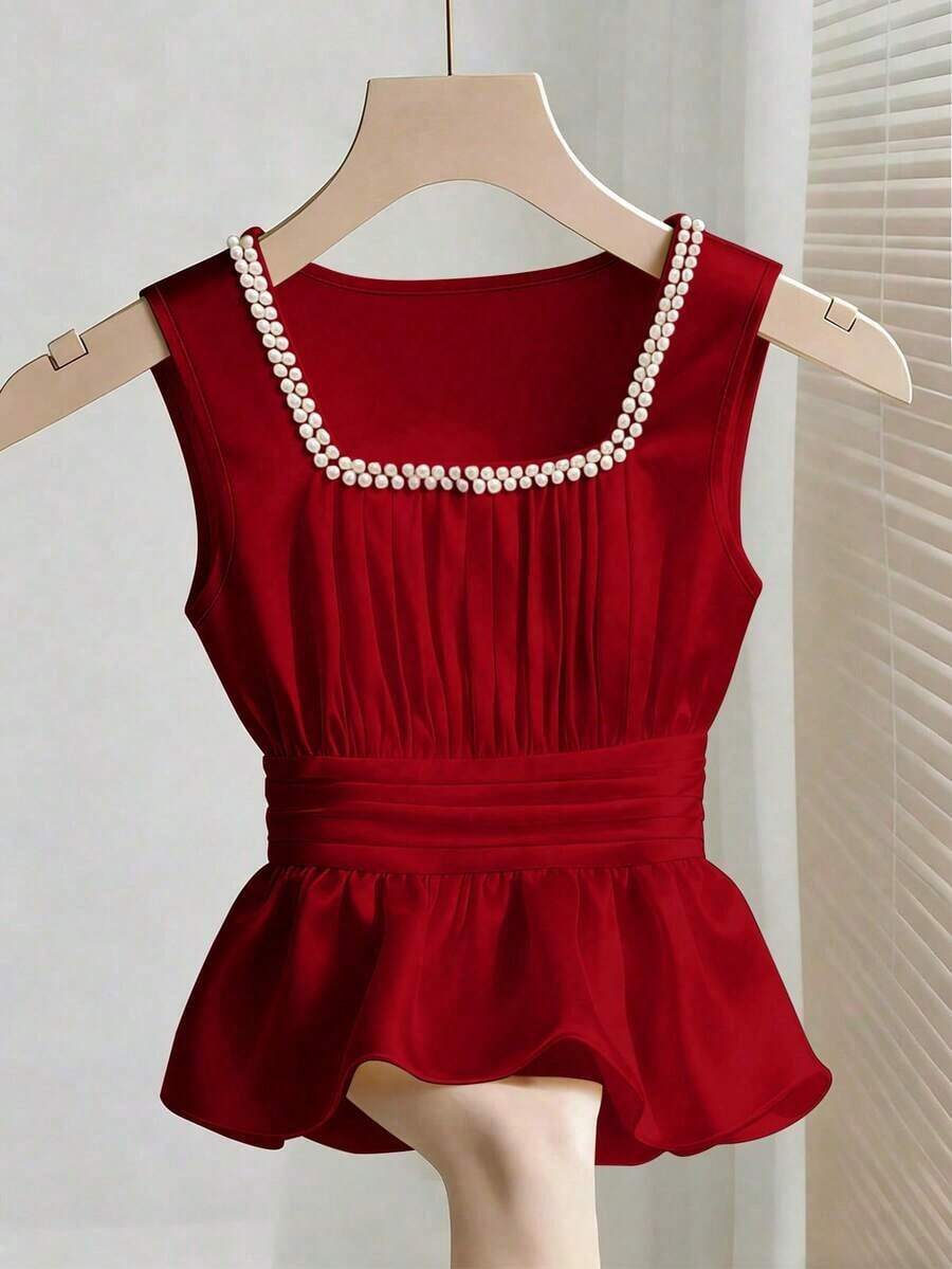 Blusa ajustada sin mangas con cuello y detalles de perlas falsas para mujer - Rojo - Ver 1