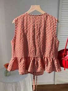 Blusa de rayas y estampado sin mangas para uso diario sencilla, tops sin mangas - Rojo 2 - Ver 4