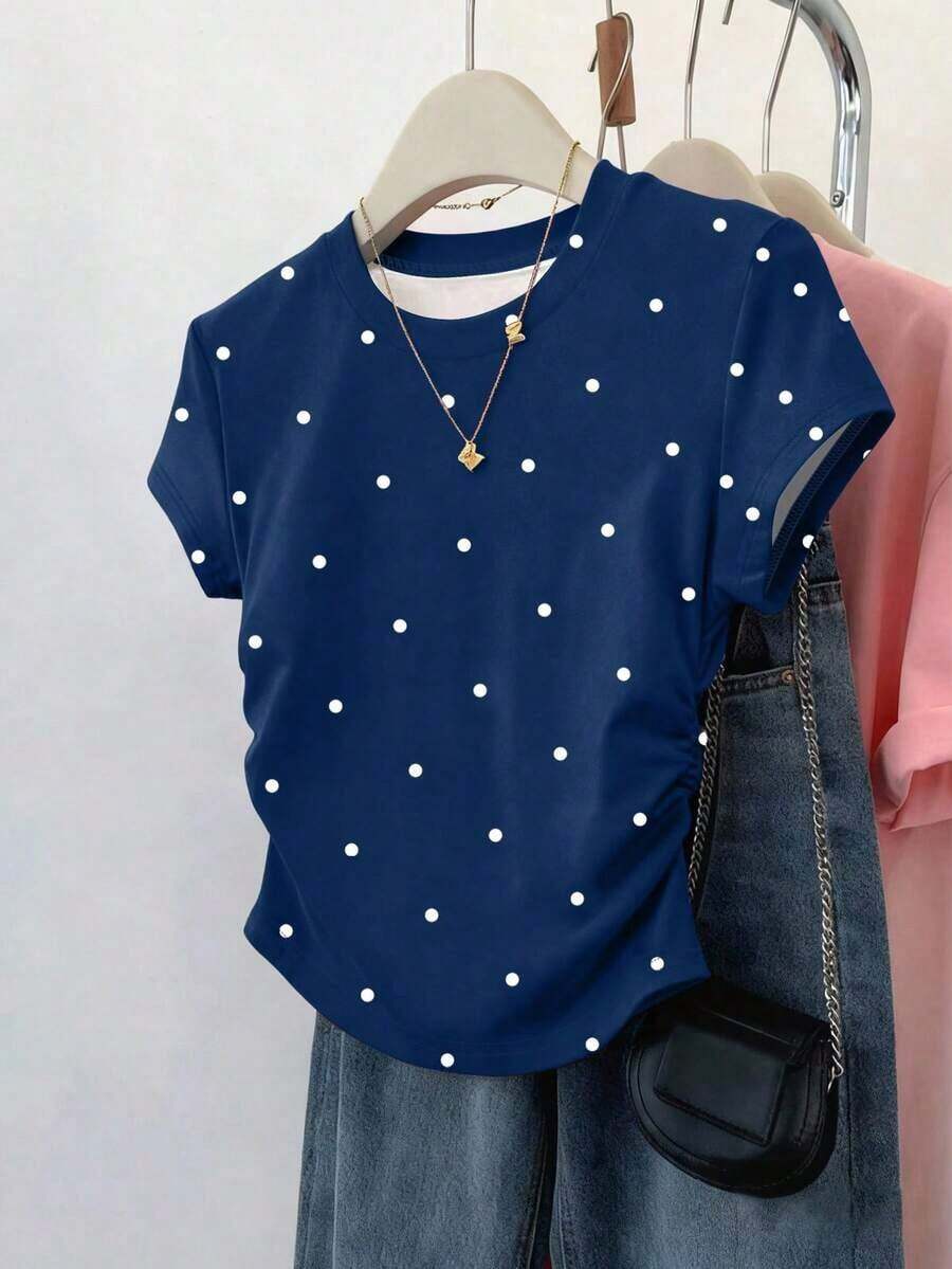 Nuevas llegadas de verano, chaqueta casual versátil, diseño gráfico con rhinestones, camiseta ajustada para mujer, cómoda de llevar, adecuada para uso diario, al aire libre, de compras, citas - Azul marino - Ver 1