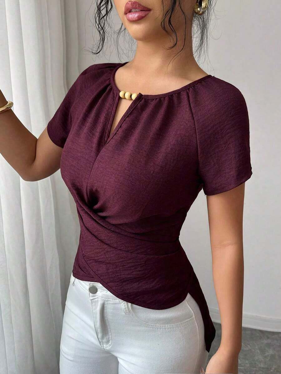 Blusa de manga corta con cuello redondo, estilo envolvente, elegante y casual, con cinturón y cuentas, adecuada para ir al trabajo, citas, y uso durante todo el año en primavera/verano.Blusa elegante para damas, apropiada para fiestas, citas, oficina, negocios, vida diaria en primavera/verano, temporada de graduación, Día del Maestro, vuelta al colegio, Acción de Gracias.Blusa de manga corta para uso diario, de unicolor con cuentas. - Morado - Ver 1