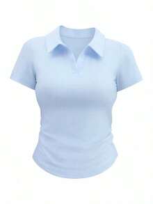 Camiseta de manga corta minimalista de unicolor para mujer, uso casual de todos los días - Celeste - Ver 7