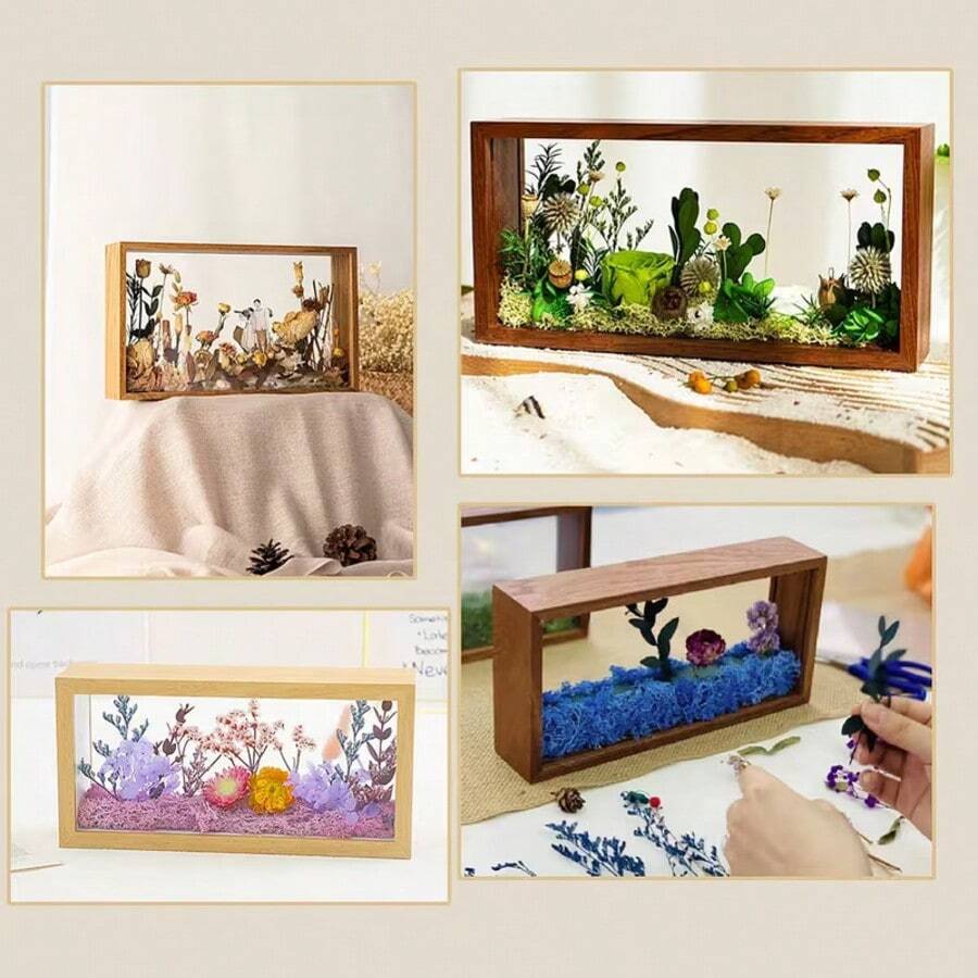 1pc Rectangular Wooden Double-Sided Acrylic Display Box, 3D Hollow Frame, With Polished Acrylic Surface, Dustproof Double-Layer Design, Suitable For DIY Photo Frames And Dried Flower Storage Display