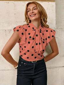 Blusa con lazo elegante para mujer, versátil para el trabajo y el uso casual, verano - Naranja Coral - Ver 7