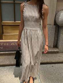 Vestido maxi a cuadros marrones 2026 para mujer, con tirantes de lazo y cintura fruncida con volantes, estilo minimalista casual y perfecto para vacaciones y uso diario - Multicolor 3 - Ver 6
