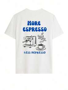 Set Prenda individual, no un conjunto de 3 piezas, 1 piezas/set de camisetas de manga suitable for streetwear, Top oversized cuello redondo daily outings, camping, concerts, hip-hop, rock, and rap events camisetas de manga corta con cuello redondo, estampado gráfico de letras de café, de estilo minimalista y de moda para el verano, versátiles y casuales para mujer - Blanco - Ver 2