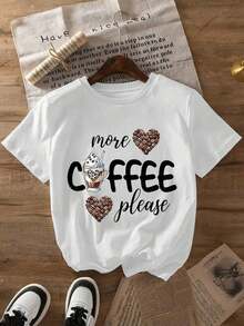 Camiseta casual de mujer de alta calidad y modarrimavera y verano, con estampado de granos de café en forma de corazón y patrones de letras, modelo 80-A64-255159 - Blanco - Ver 2