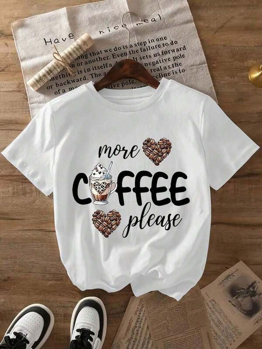 Camiseta casual de mujer de alta calidad y modarrimavera y verano, con estampado de granos de café en forma de corazón y patrones de letras, modelo 80-A64-255159