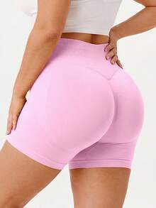 NcmRyu 1pc Women Plus Size Solid Color Ruched Fitted Sports Shorts - Pink - View 5