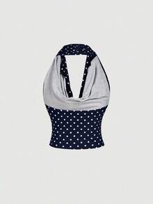 Blusa elegante de mujer con lunares y malla versátil, ideal para vacaciones de verano - Azul marino - Ver 4