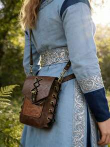 1个中世纪棕色仿皮腰包 - 复古风格便携式小包，带装饰边饰、可拆卸肩带和安全扣，是户外探险的理想之选，男女皆宜的穿搭道具 - A - 查看 9
