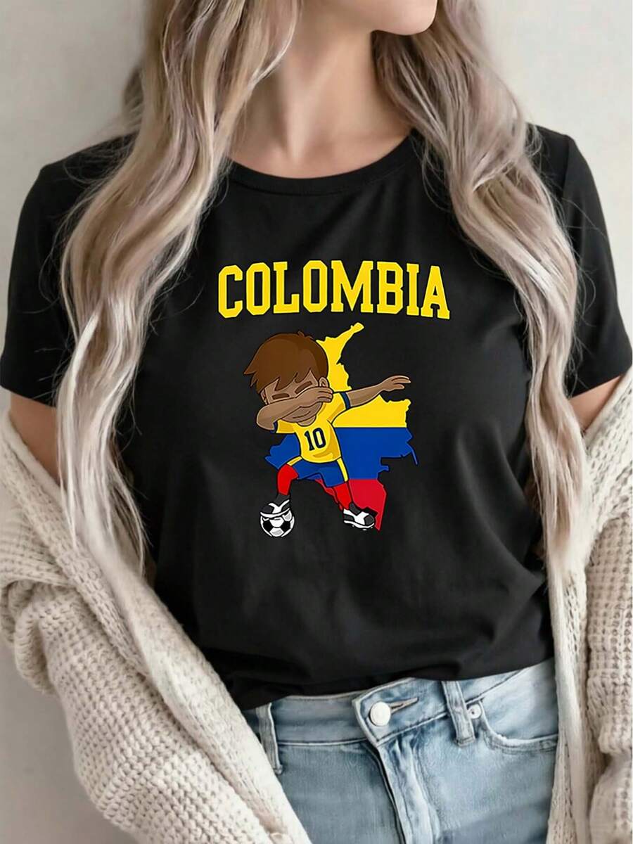 Limited Edition Women's T-Shirt, Colombian Football Fan - Yellow, Comfortable, Crew Neck, Casual Style, With Colombian Flag Print, Machine Washable, Polyester T-Shirt Suitable For Daily Wear And Football Apparel, Lightweight Cotton - 黑色 - 查看 1