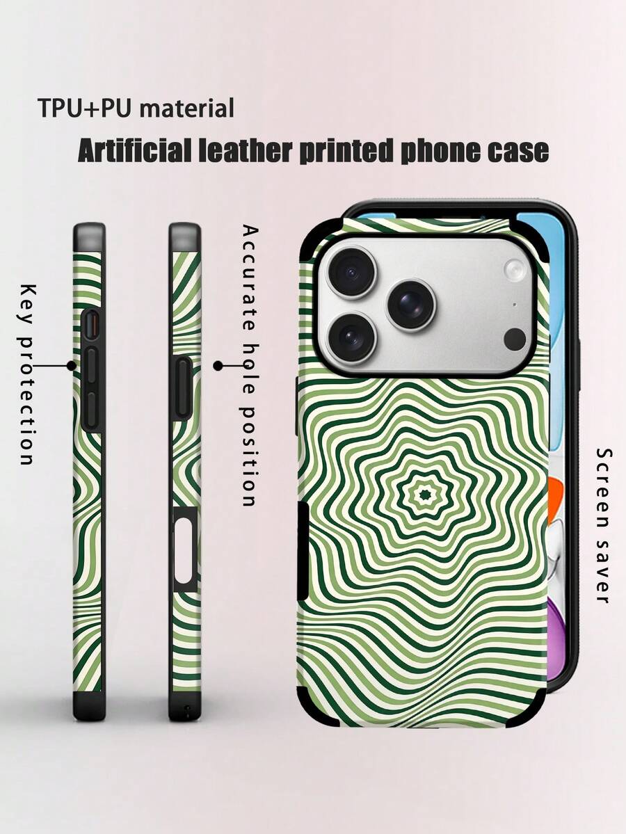 1pc Artistic Visual Illusion Wave Pattern Shock-Proof Dust-Proof Handcrafted Soft Shell Phone Case Suitable For Apple 17 Pro Max/16 Pro Max/16 Plus/13 Pro Max/14 Pro Max 13 14 11 12 Pro 11/15 Pro, Galaxy S24 Ultra, With Speaker Hole Design, Suitable As Holiday Gift - Green - View 1