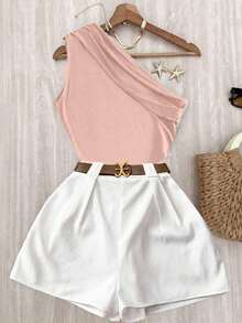 Conjunto de top plisado de hombro de color marrón sólido y elástico para uso casual y pantalones blancos de cintura elástica - Rosa - Ver 1
