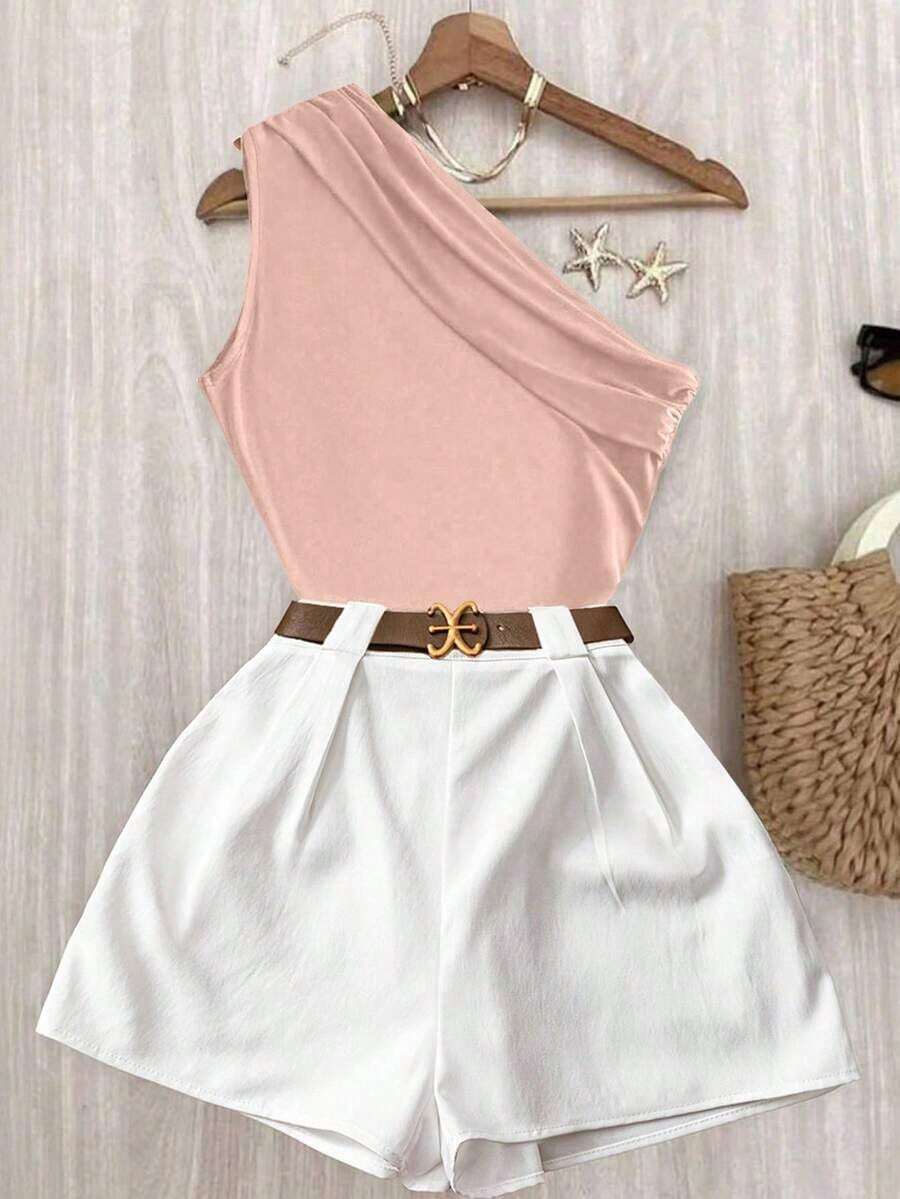 Conjunto de top plisado de hombro de color marrón sólido y elástico para uso casual y pantalones blancos de cintura elástica - Rosa - Ver 1