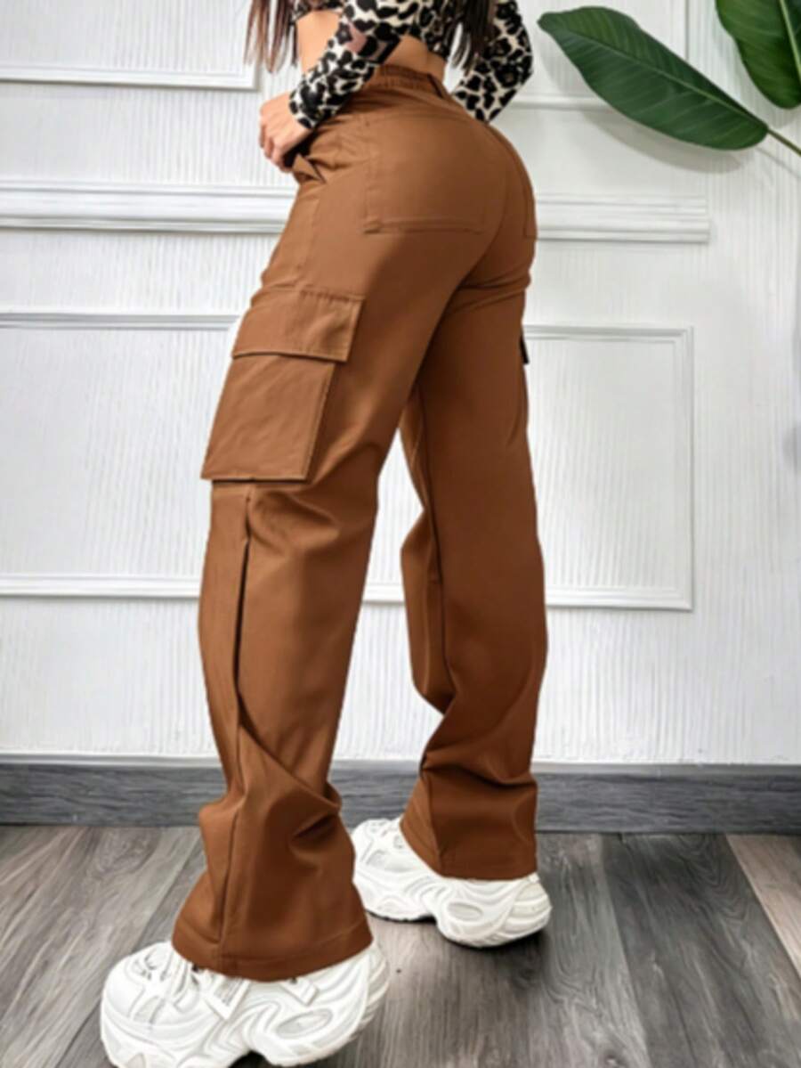 Women's Solid Color Straight Loose Casual Cargo Pants - Brown - View 1
